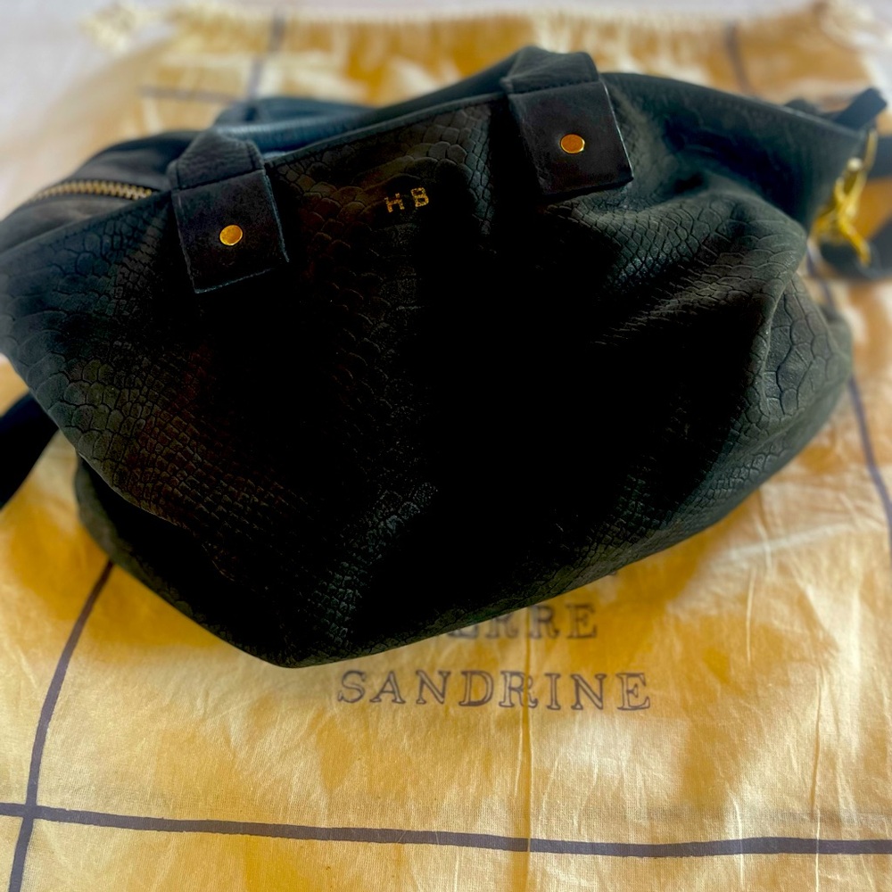 Clare V. Moyen messenger, suede leather black with crocodile print.
